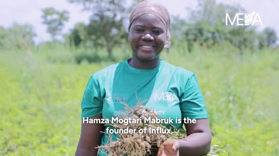 Mabruka Hamza Mogtari in a groundnut field, holding freshly pulled groundnut plants